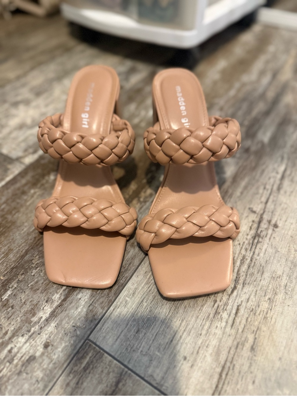 Madden Girl Braided Double Strap Slide Sandals in Nude Tan